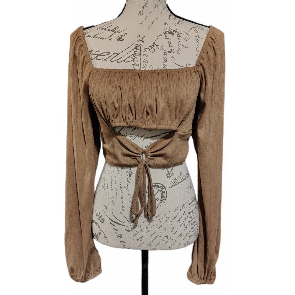 Womens Boho Camel Ribbed Cutout Tie Front Crop Top L Smocked Long Sleeve Peasant